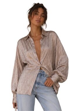 Pretty Little Thing Metallic Pleated Oversized Button Down Shirt Champagne Satin